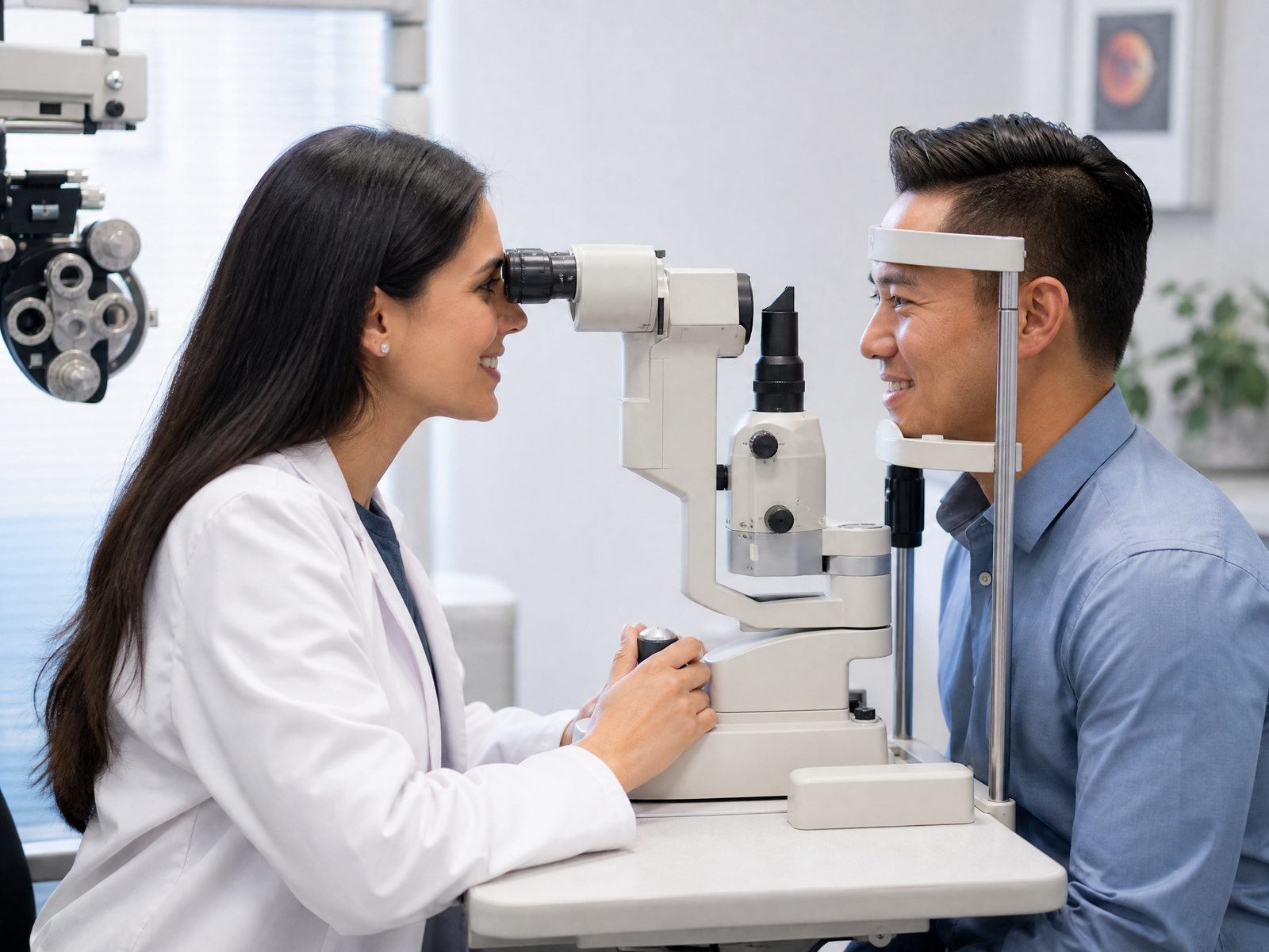 Optometrista realizando exame de triagem visual em colaborador corporativo
